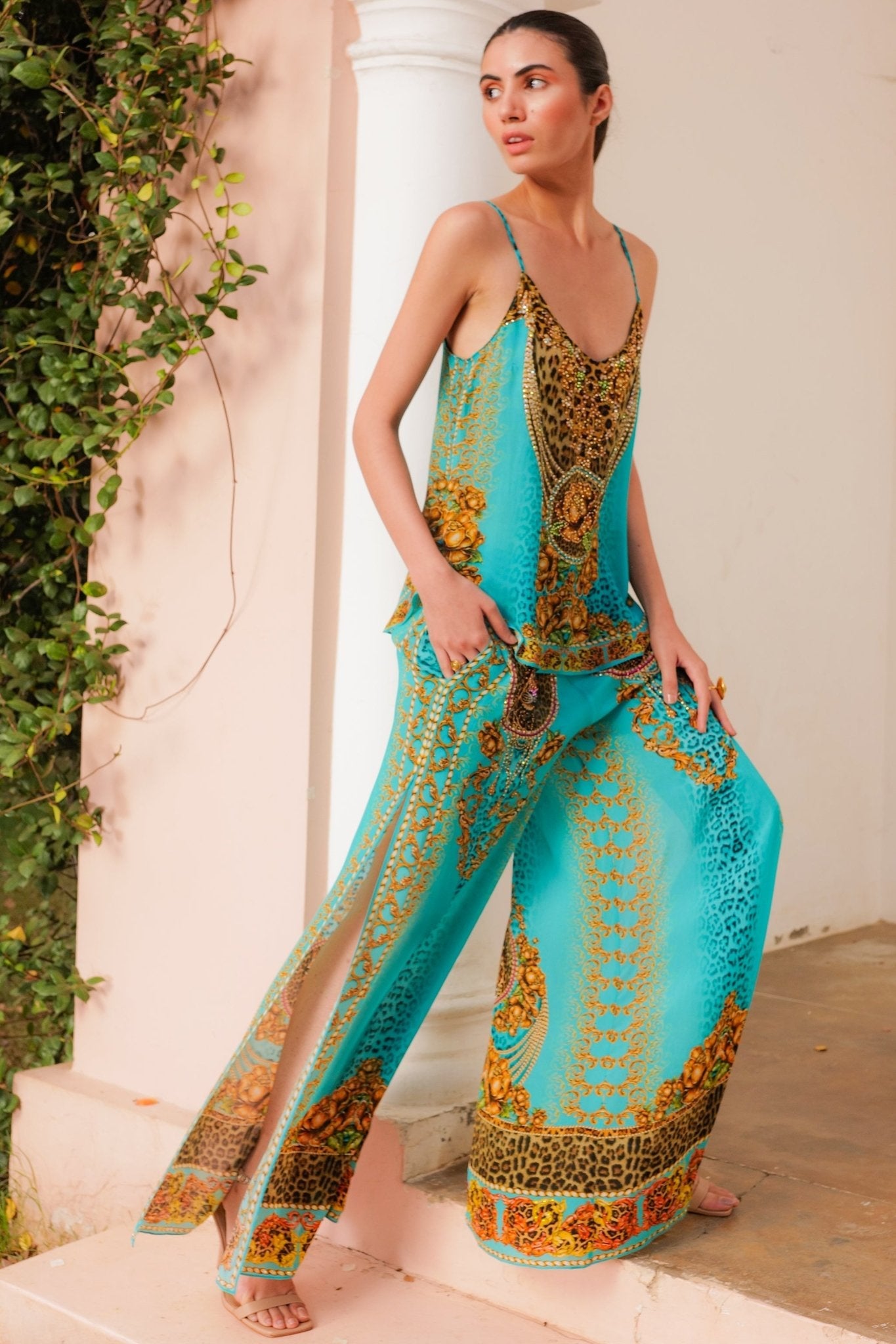 AQUA LEOPARDESS PALAZZO PANTS W SIDE SLIT – Czarina USA