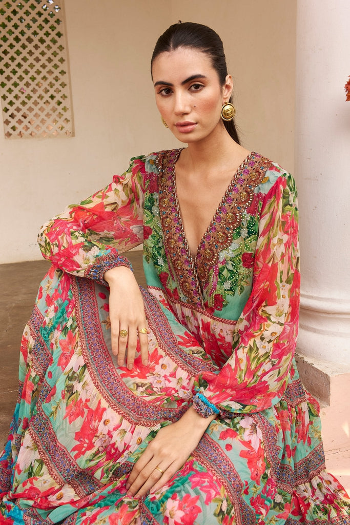 BLUE BLOSSOM VN SHIRRED MAXI DRESS - Czarina