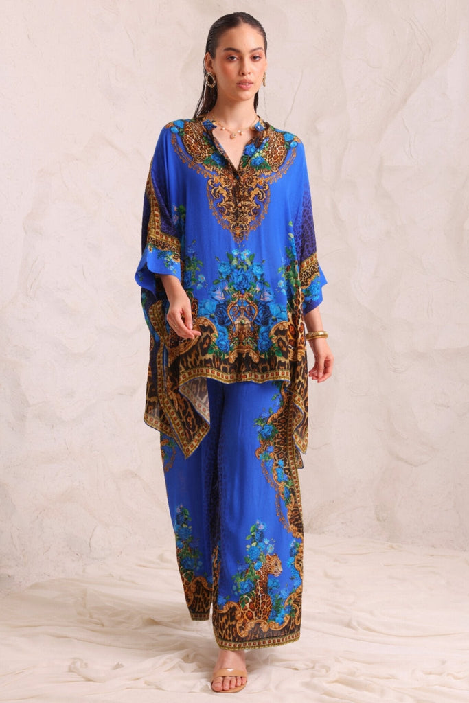 BLUE LEOPARDESS KAFTAN TOP W SLEEVES - Czarina