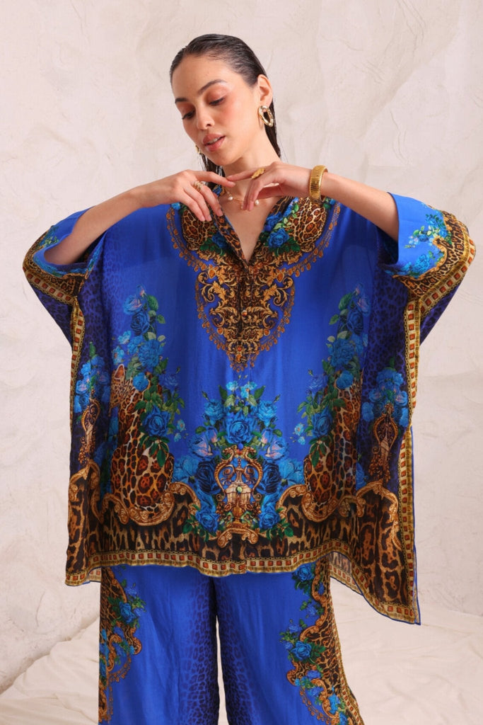 BLUE LEOPARDESS KAFTAN TOP W SLEEVES - Czarina