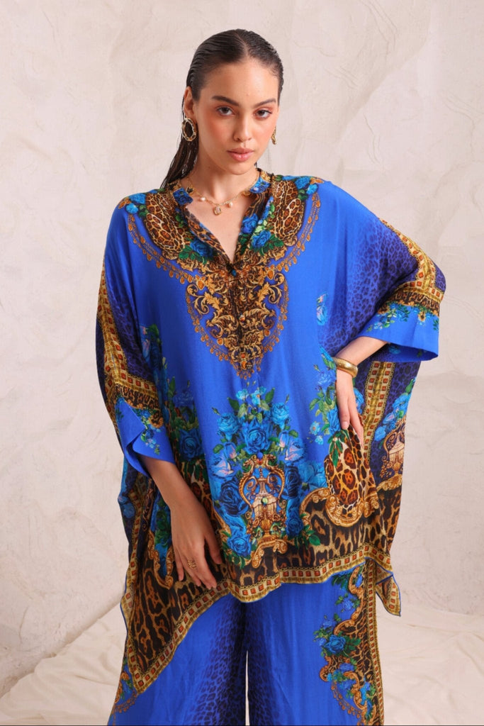 BLUE LEOPARDESS KAFTAN TOP W SLEEVES - Czarina