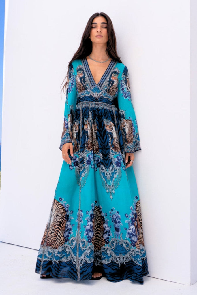 BLUE TIGRESS MAXI DRESS W FLARE SLEEVES - Czarina