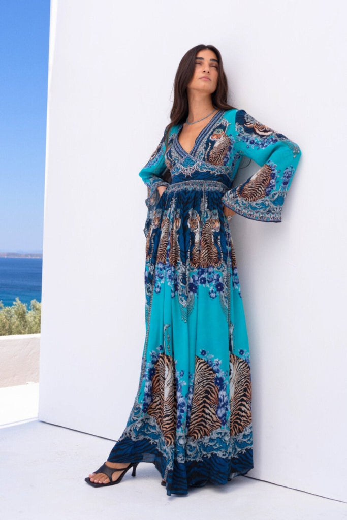 BLUE TIGRESS MAXI DRESS W FLARE SLEEVES - Czarina