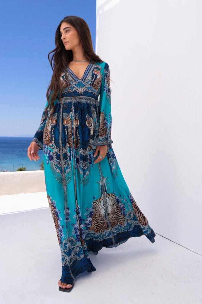 BLUE TIGRESS MAXI DRESS W FLARE SLEEVES - Czarina