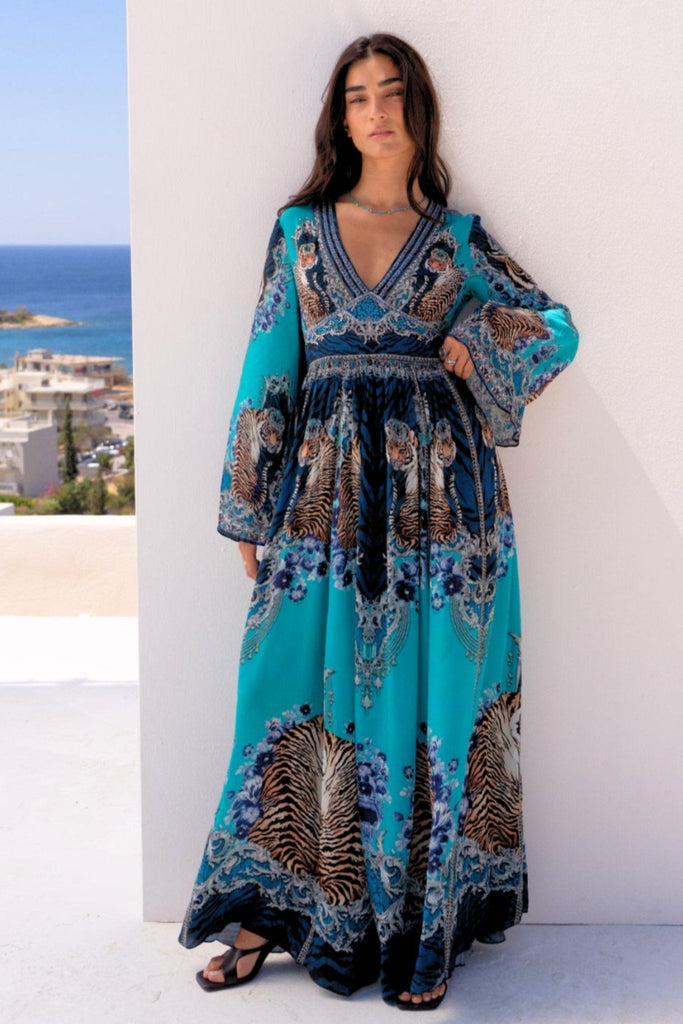 BLUE TIGRESS MAXI DRESS W FLARE SLEEVES - Czarina