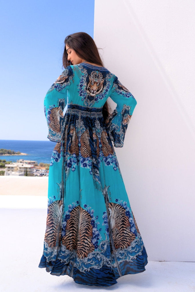 BLUE TIGRESS MAXI DRESS W FLARE SLEEVES - Czarina