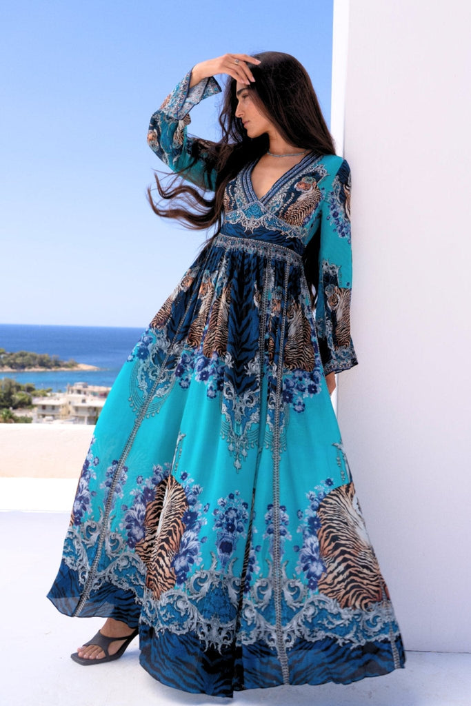 BLUE TIGRESS MAXI DRESS W FLARE SLEEVES - Czarina