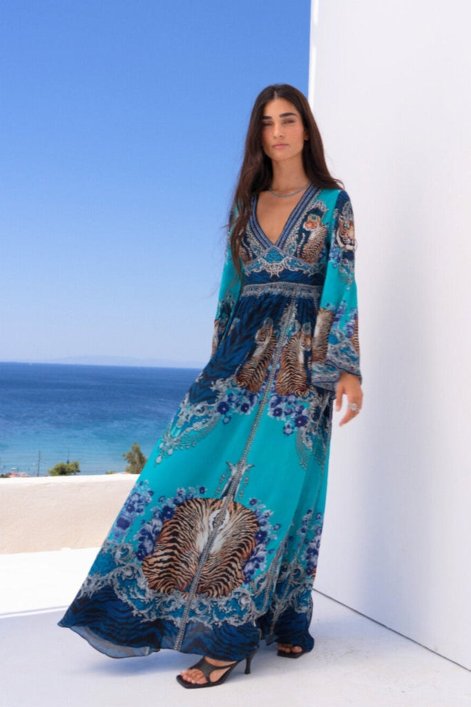 BLUE TIGRESS MAXI DRESS W FLARE SLEEVES - Czarina