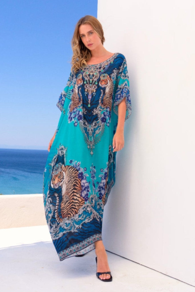 BLUE TIGRESS ROUND NECK LONG KAFTAN - Czarina