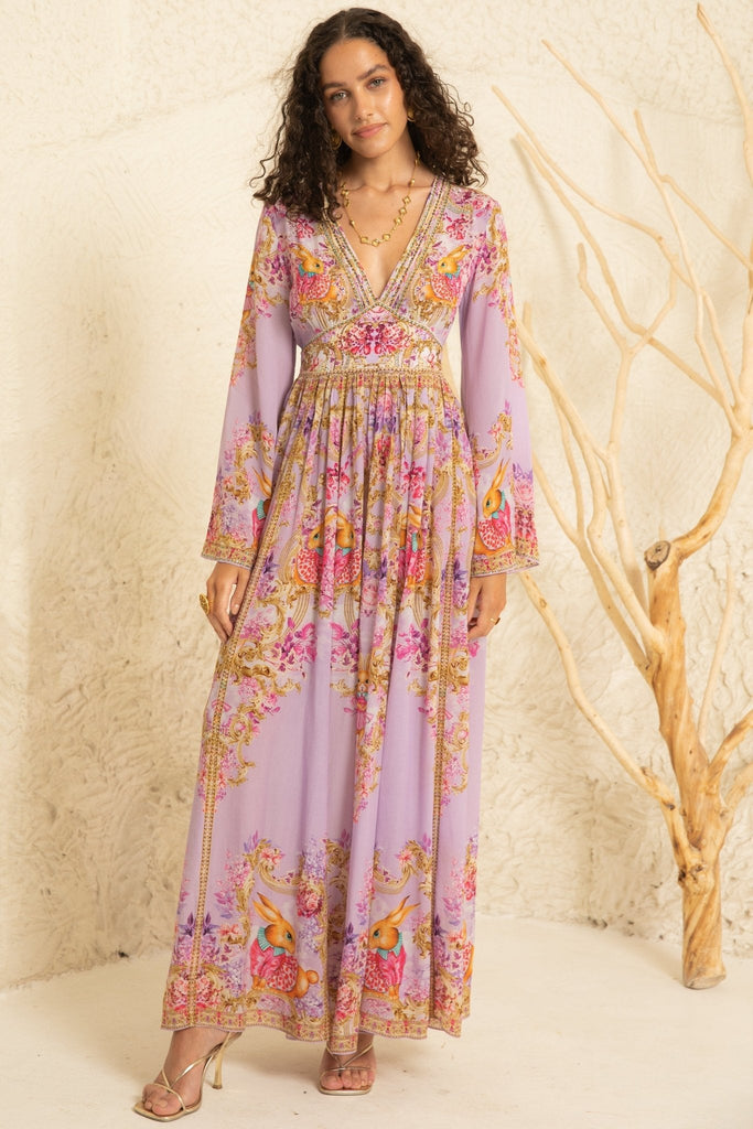 Lavender Hops Maxi Dress W Flared Sleevees - Czarina
