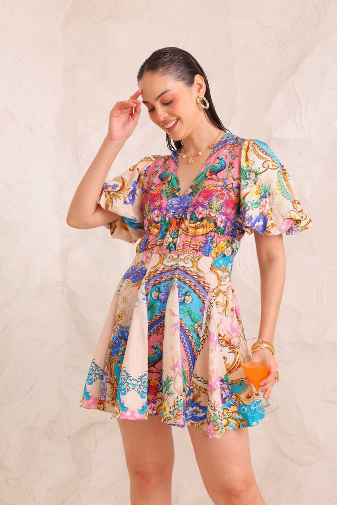 Peacock Dreams Short Dress w Puff Sleeves - Czarina