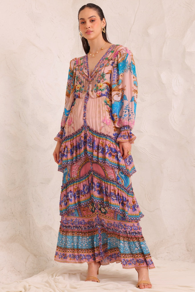 Peacock Dreams Vn Button Down Maxi Dress - Czarina