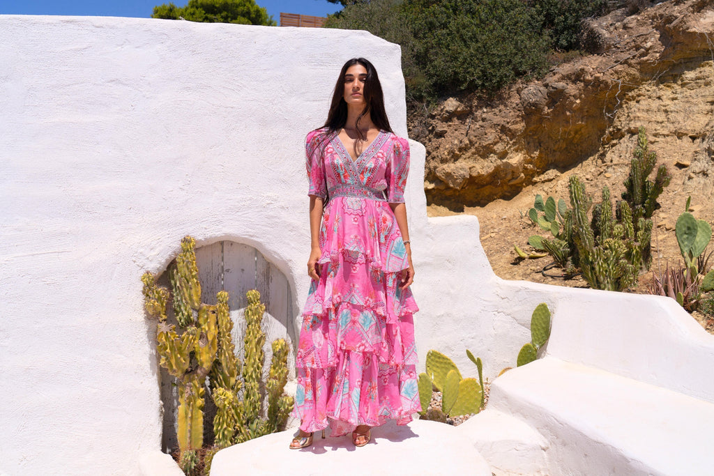 Pink Boho Cross Over Maxi Dress - Czarina