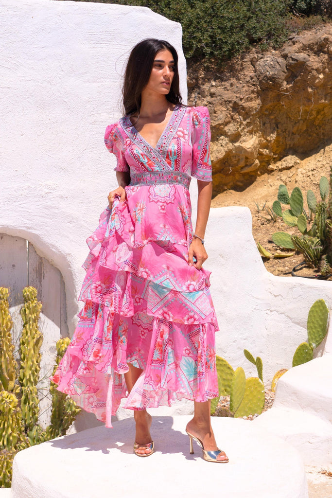 Pink Boho Cross Over Maxi Dress - Czarina