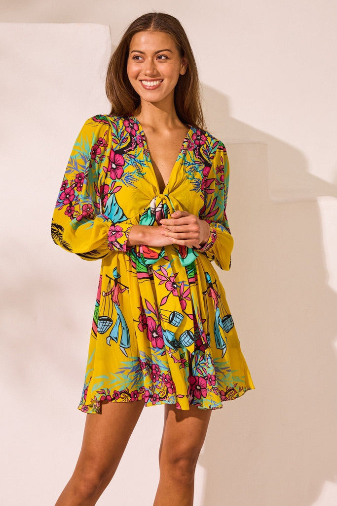 Saigon Sunsets Short Dress w Front Tie Up - Czarina