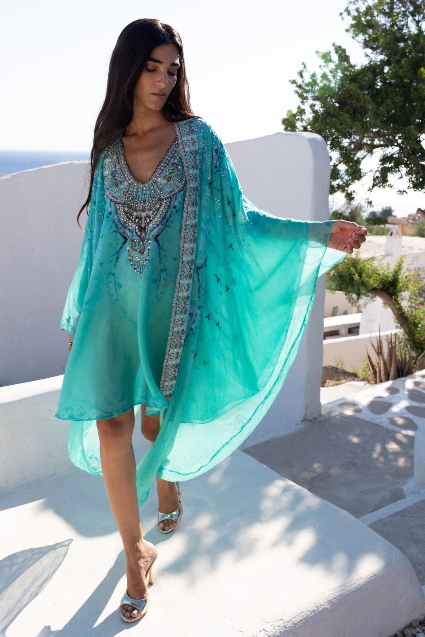 green emerald velvet dress Peacock Feather Paradiso Garden kaftan Midi Dress
