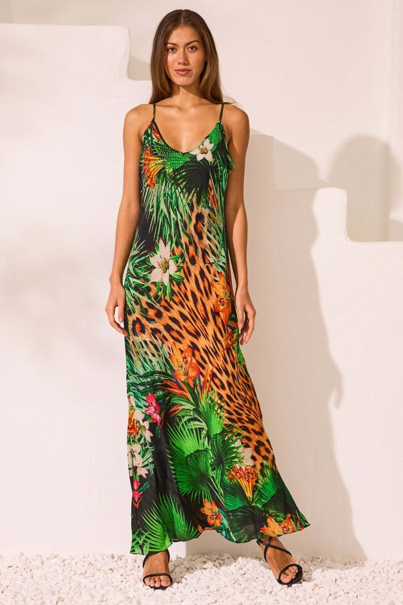 tropical print maxi dress Tropical Temptation V neck Slip Dress – Czarina USA