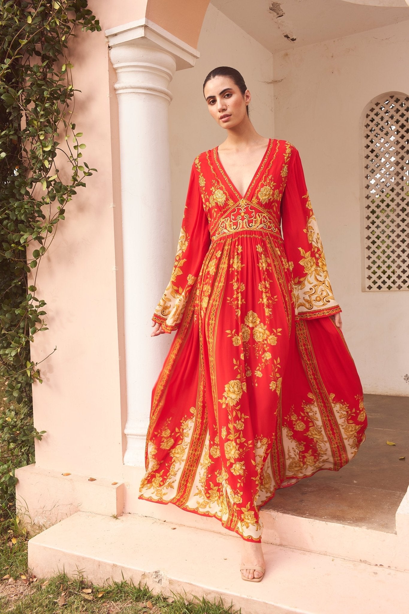fitted lace wedding dress A NIGHT IN SHANGHAI MAXI DRESS W FLARED SLEEVES – Czarina USA