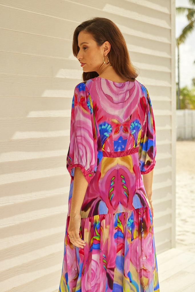 PINK ROSE MIDI DRESS W PUFF SLEEVES - Czarina