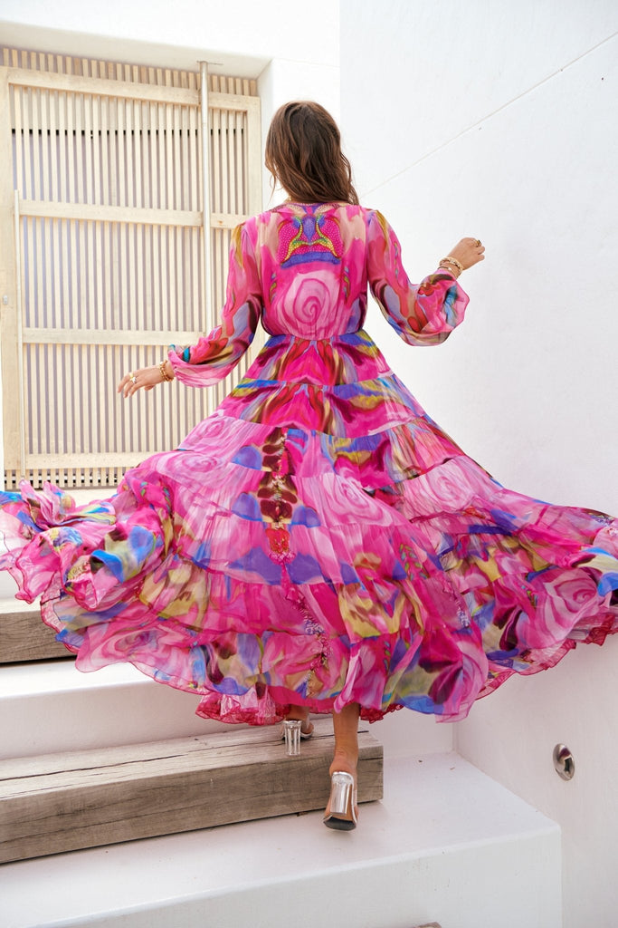 PINK ROSE V NECK SHIRRED MAXI DRESS - Czarina