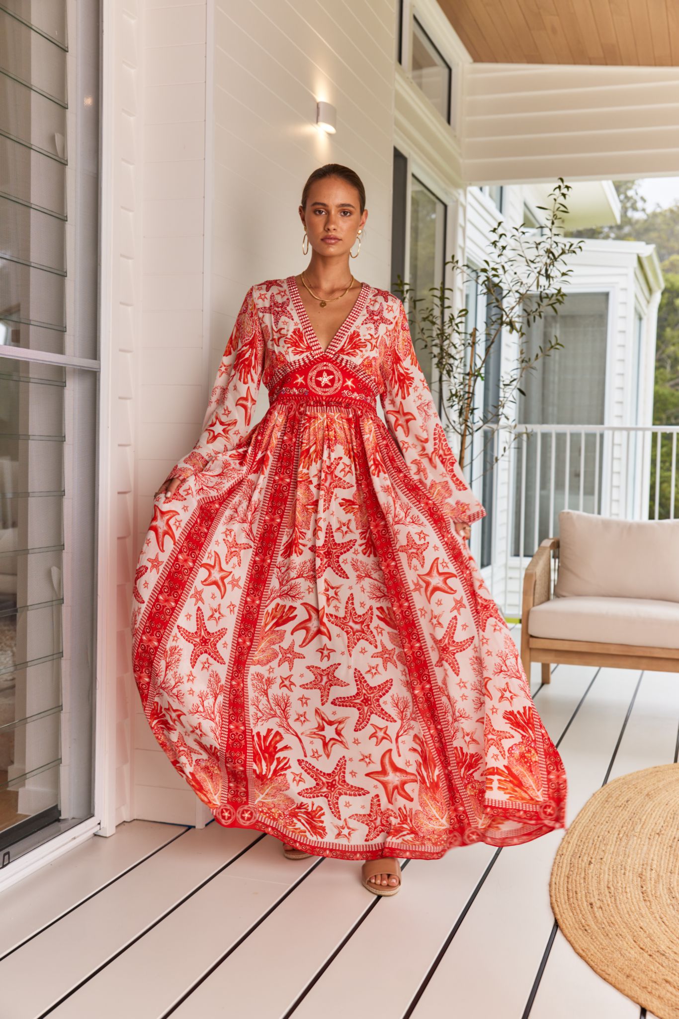 Red fashion and white maxi dress