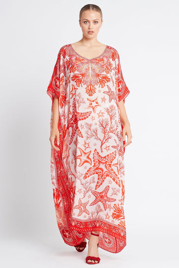 RED CHRISTMAS ROUND NECK LONG KAFTAN - Czarina