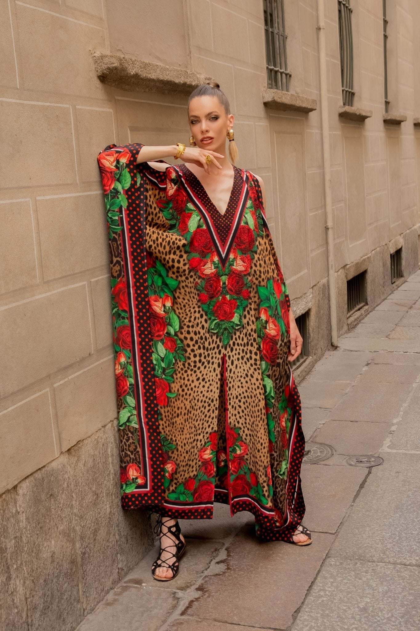 ROSE LEOPARD BIG WIDTH SILK LONG KAFTAN ONE SIZE